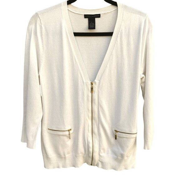 Grace Elements White Cardigan Zipper Accents Pockets 3/4 Sleeve Lightweight Knit - Picture 1 of 7